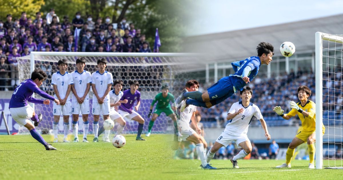 左にフリーキックのシュートシーン、右にゴール前のダイビングヘッドをぼかしてつないだ関東大学サッカーリーグ2部・3部の得点シーンイメージ
