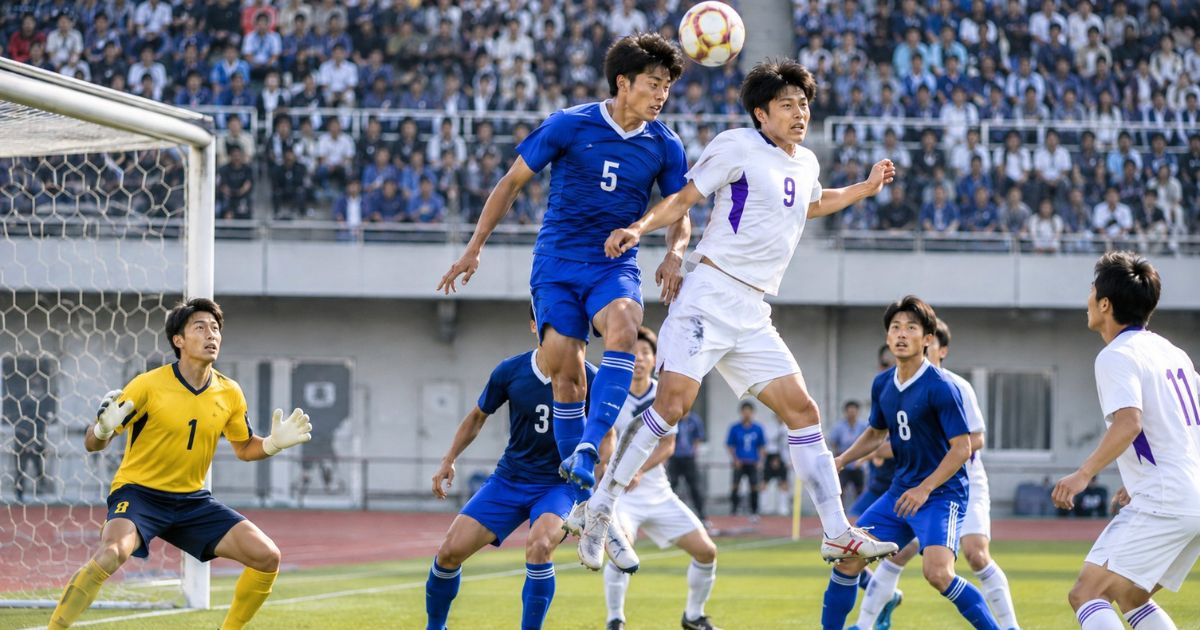 大学サッカー公式戦で、青と白のユニフォームの選手がゴール前でヘディングを競り合う空中戦のシーン
