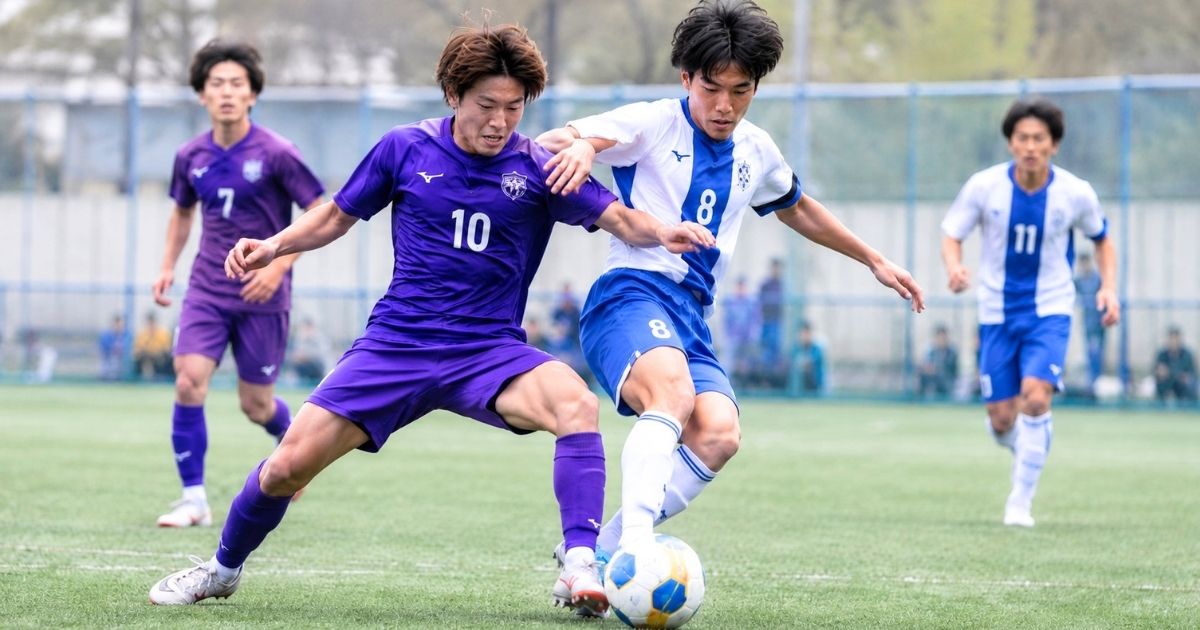 大学サッカーIリーグの試合で、異なるユニフォームの選手がボールを激しく競り合う場面