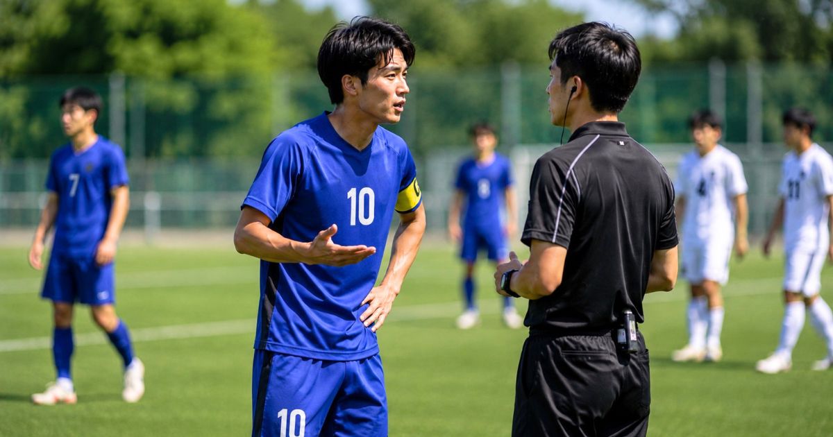 大学サッカーIリーグの試合中、背番号10のキャプテンが審判と競技上の確認を行う場面