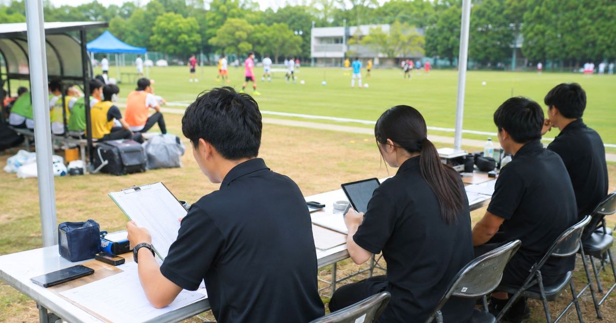 大学サッカーIリーグの試合前に、本部席で書類や端末を確認しながら運営準備を進めるスタッフ