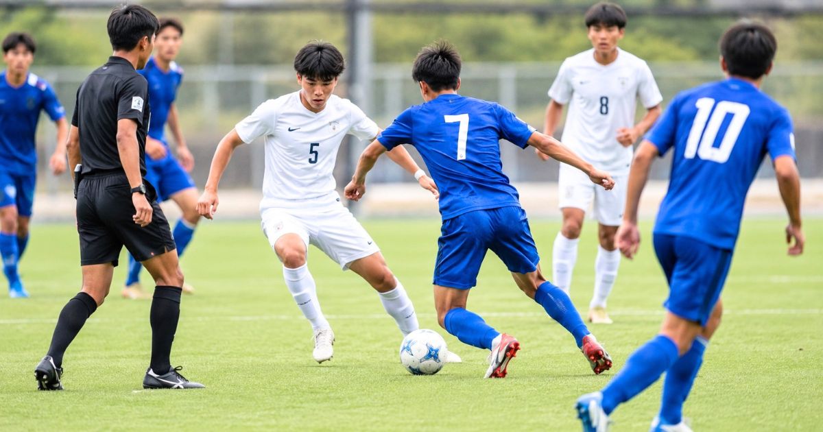 大学サッカーIリーグの試合で、審判が見守る中、青と白のユニフォームの選手がボールを競り合う場面