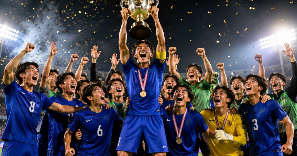 大学サッカーIリーグ全国大会で、優勝カップを掲げるキャプテンを囲み、イレブンと控え選手が歓喜する場面