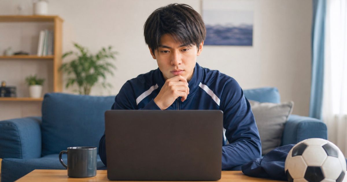 自宅リビングでパソコンを使い、大学サッカーIリーグのチーム名や順位表を確認するサッカー部員