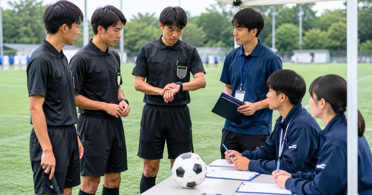大学サッカーIリーグの試合前に、学生審判と記録係、運営スタッフが本部席で打ち合わせする様子