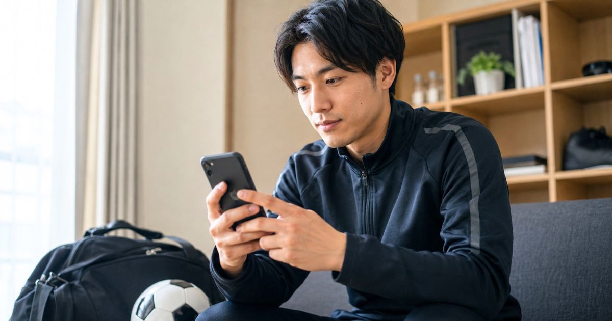 スマートフォンを使い、大学サッカーIリーグの試合会場やライブ配信情報を調べるサッカー部員
