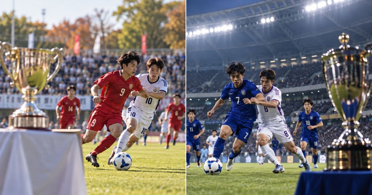 大学サッカーのインカレと総理大臣杯をイメージした比較画像。昼の試合では赤の9番と白の10番、夜のスタジアムでは青の7番と白の8番がボールを競り合い、両大会を象徴するトロフィーが並ぶ。