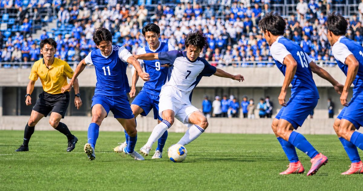 大学サッカーのインカレで、青と白のユニフォームを着た選手たちがボールを奪い合い、審判と応援席も見える試合シーン