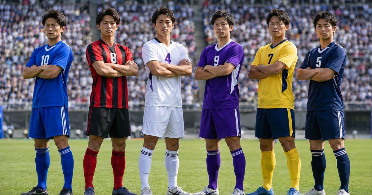 異なる大学カラーのユニフォームを着て、ピッチ上で腕を組む大学サッカーの強豪選手たち