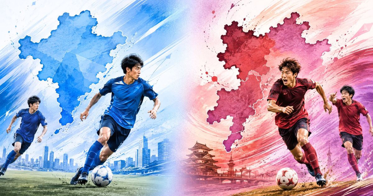 関東と関西のデフォルメ地図を背景に、それぞれの地域でプレーする大学サッカー選手を対比したイメージ