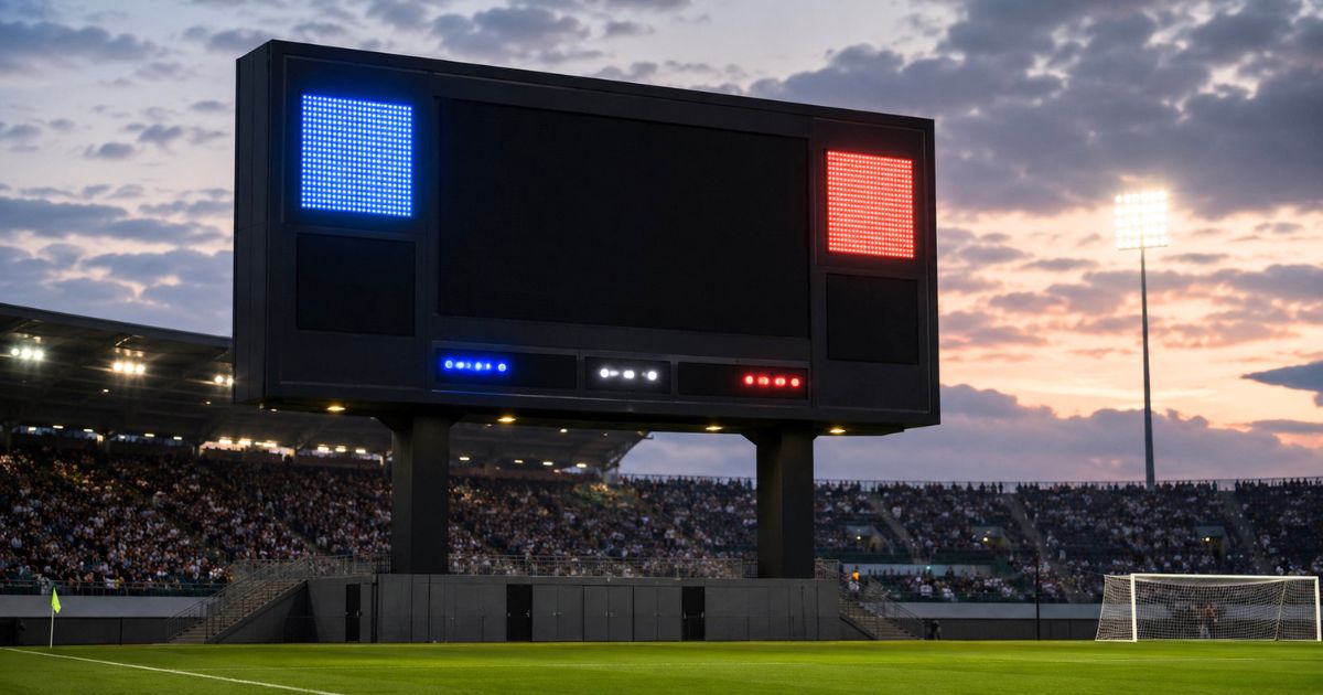 夕暮れのサッカースタジアムに設置された、大学名や文字を表示していない大型スコアボードのイメージ