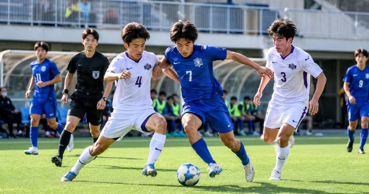 大学サッカーリーグの公式戦で、審判が見守る中ボールを競り合う選手たちの試合風景