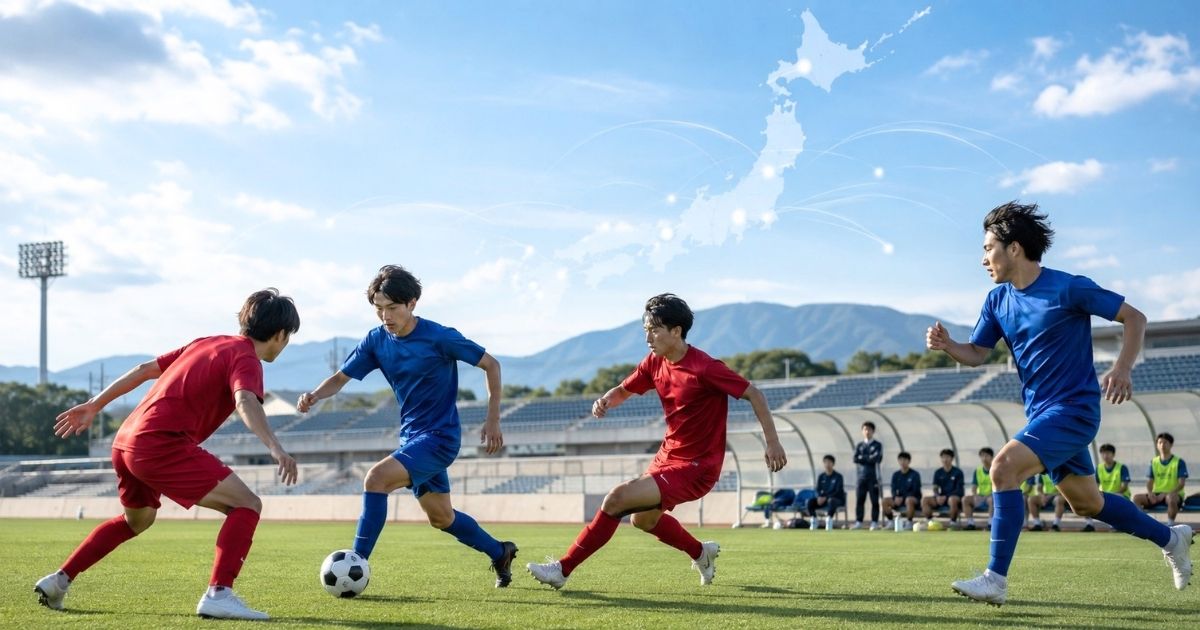 日本地図と地域間のつながりを背景に、大学サッカーの試合で競り合う選手たち