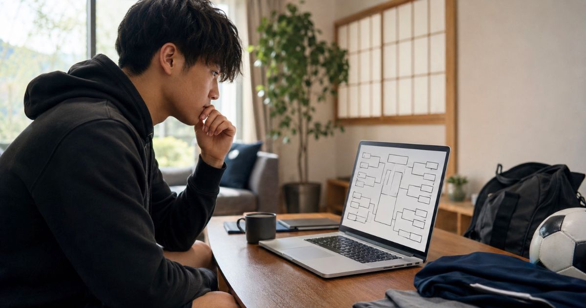 自宅のリビングで、大学サッカー部員がパソコンに表示されたインカレの日程や組み合わせ表を確認する様子