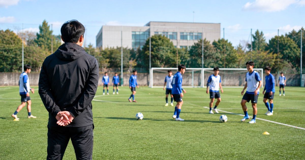 大学のサッカーグラウンドで、リラックスして練習する部員たちを後方から見守るコーチ