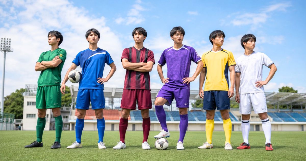異なるユニフォームを着た大学サッカー選手が並ぶ地域別リーグの競争環境比較イメージ