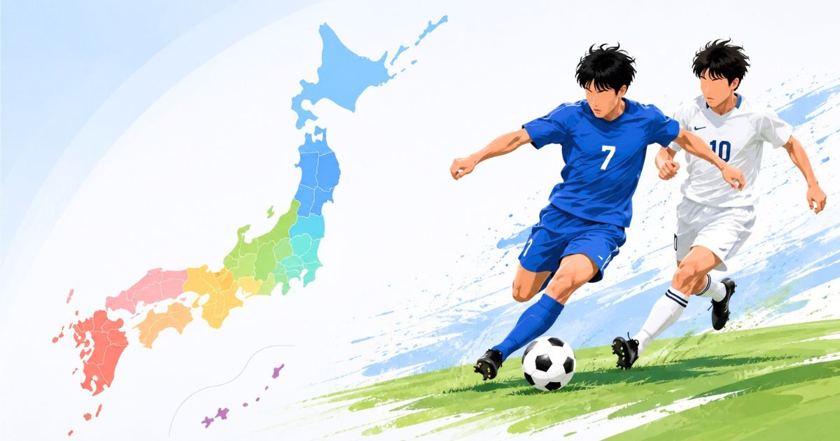 デフォルメした日本地図の横で、大学サッカー選手がボールを競り合う地域リーグと全国大会のイメージ