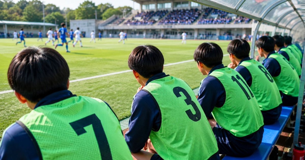 大学サッカーのトップチーム公式戦を、ベンチから見つめるビブス姿の控え選手たち