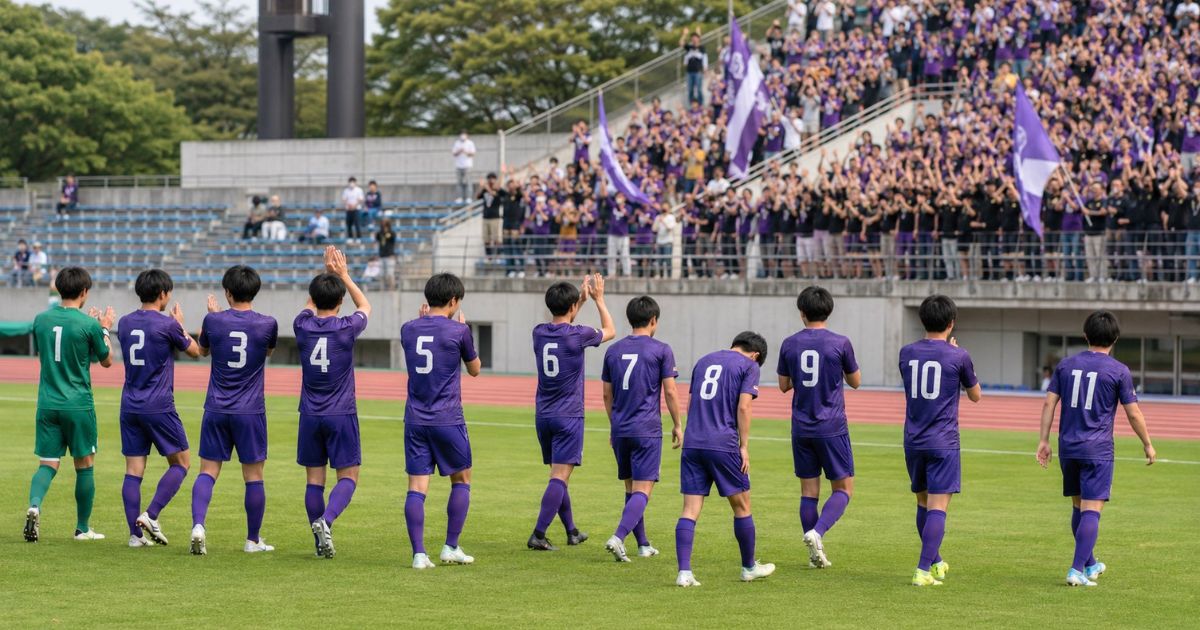 公式戦に勝利した大学サッカーのイレブンが、応援席のサポーターへ拍手しながら挨拶に向かう試合後のシーン