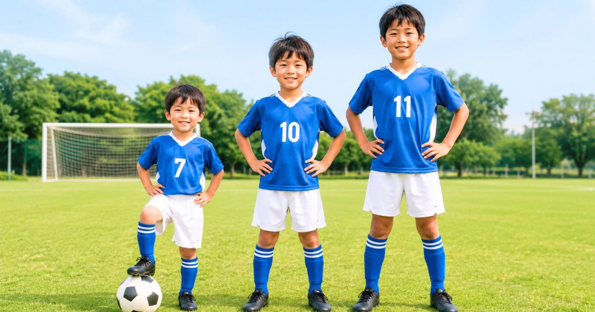 サッカー場に並ぶ6歳・9歳・11歳くらいの少年サッカー選手3人とボール