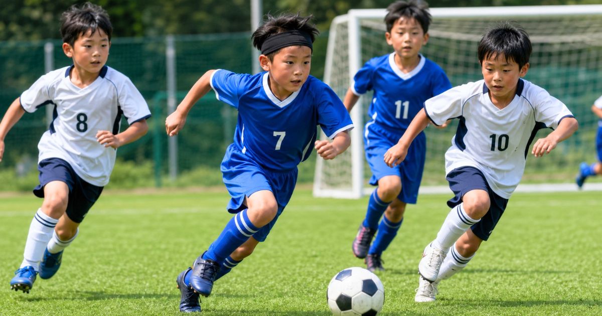 ヘアバンドを着けた日本人の少年サッカー選手が、試合中に相手選手とボールを追うシーン