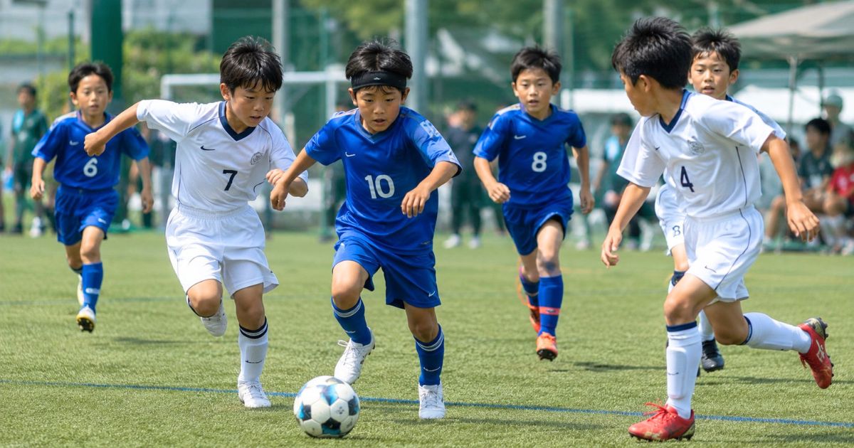 ヘアバンドを着けた少年サッカー選手が、試合中に相手選手とボールを追いながらドリブルする様子