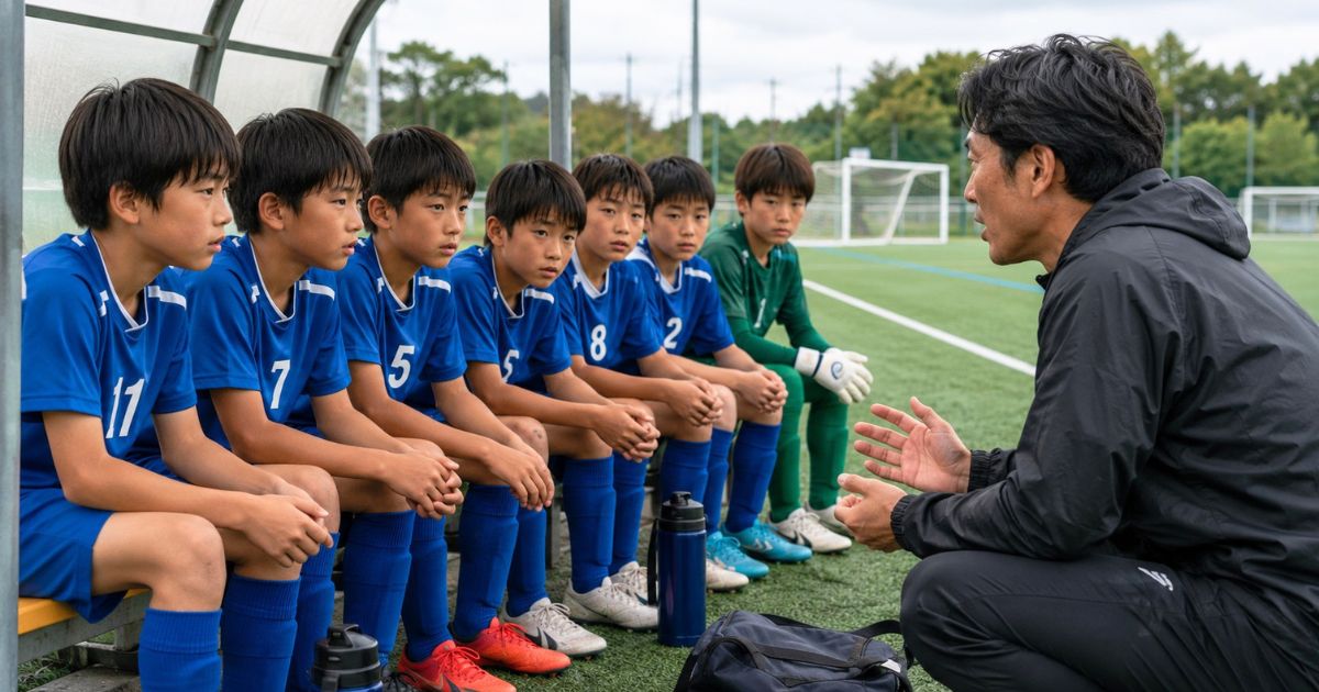 少年サッカーの試合前に、ベンチでコーチの説明を真剣に聞く11歳くらいの選手たち