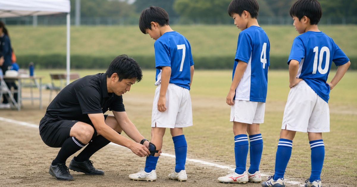 少年サッカーの試合前に、審判が選手のスパイクやすね当てを確認し、ほかの選手が順番を待つ様子