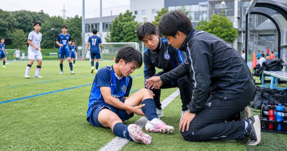 クラブユースの試合中、足を攣った選手にコーチが駆け寄り、ピッチ脇で状態を確認している様子