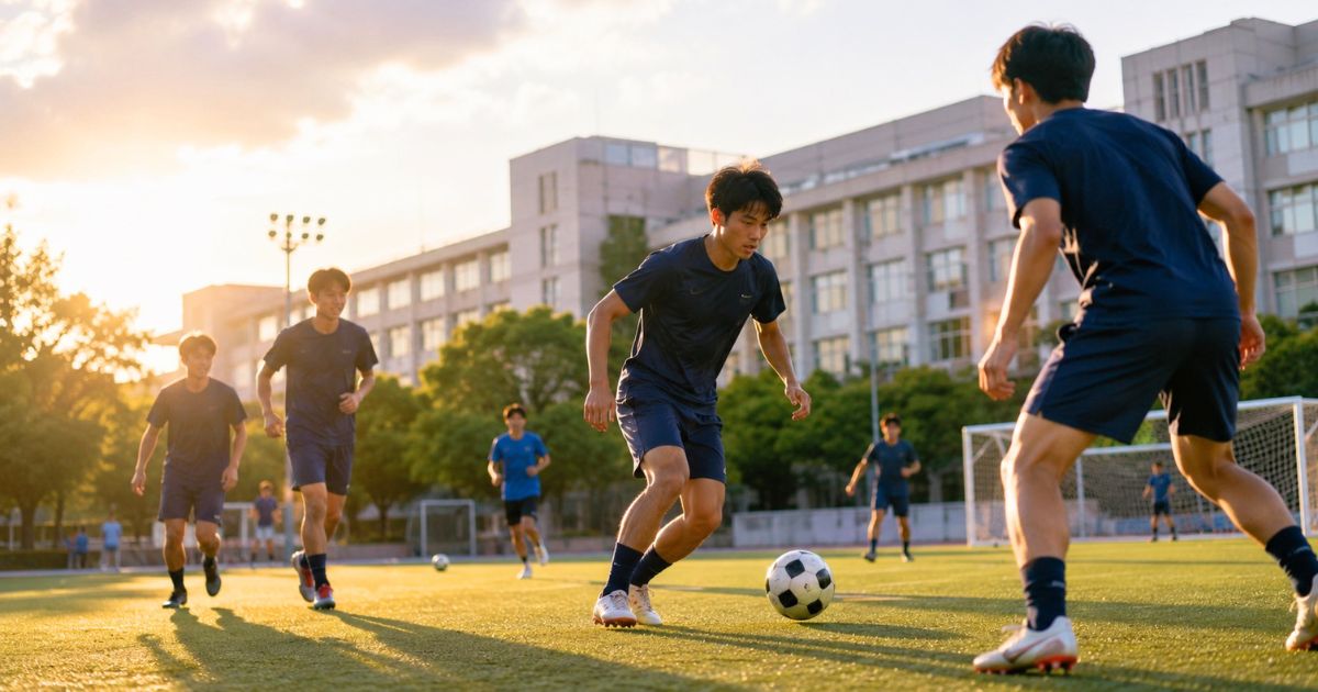 大学のグラウンドで授業後にサッカー部の練習を行う大学生選手たちの様子