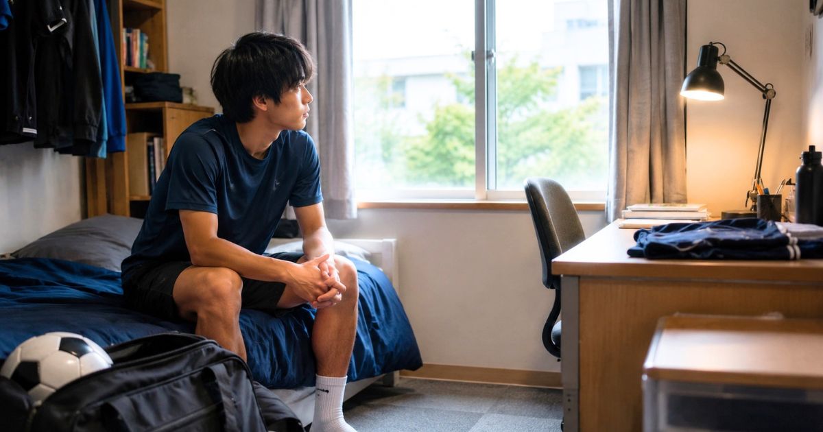 大学サッカー部の入寮を検討し、寮の部屋で生活について考える選手の様子