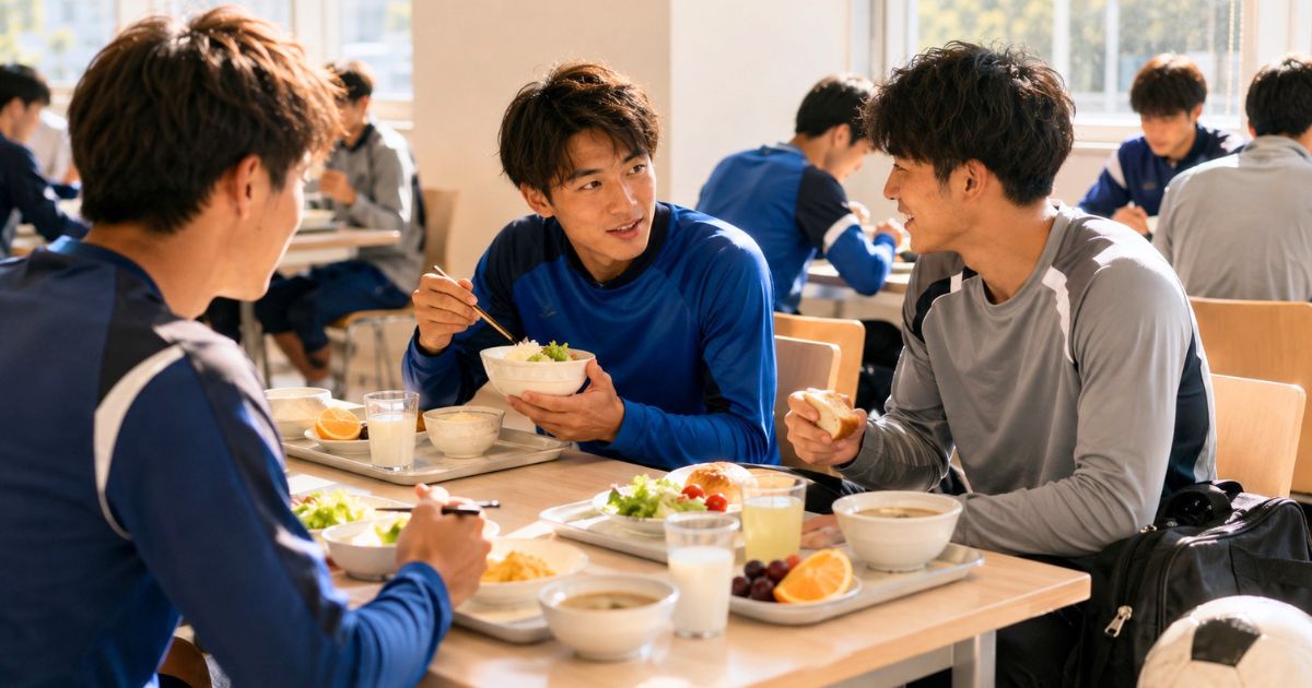 大学サッカー部の寮の食堂で、仲間と朝食を取る選手たちの様子