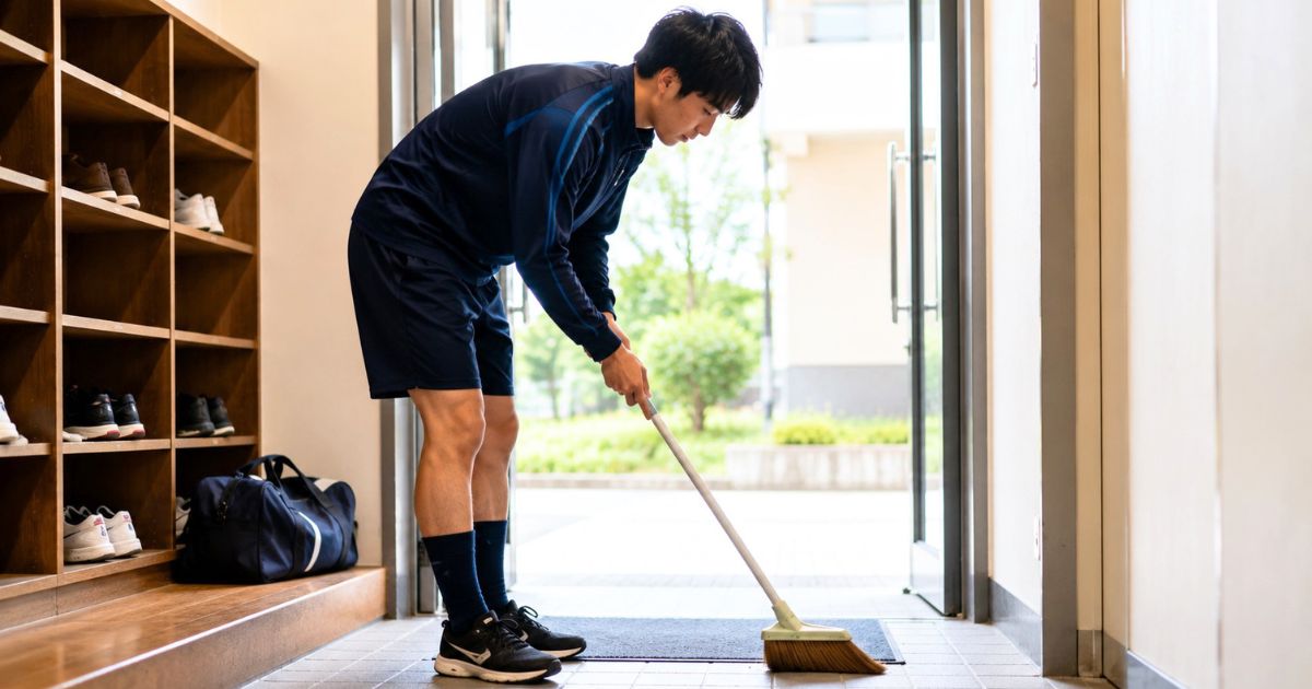 大学サッカー部の寮で、当番として玄関を掃除する選手の様子