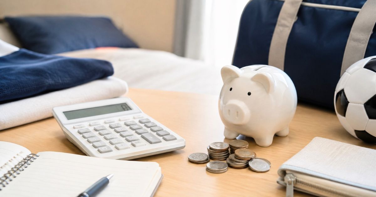 大学サッカー寮の費用をイメージした、電卓・貯金箱・硬貨・サッカーボールのある机