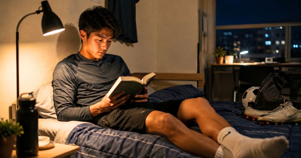 大学サッカー部の寮で、就寝前にベッドで読書する選手の様子