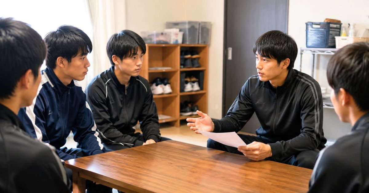 大学サッカー部の寮で、入部時に寮長から生活ルールの説明を受ける選手たちの様子