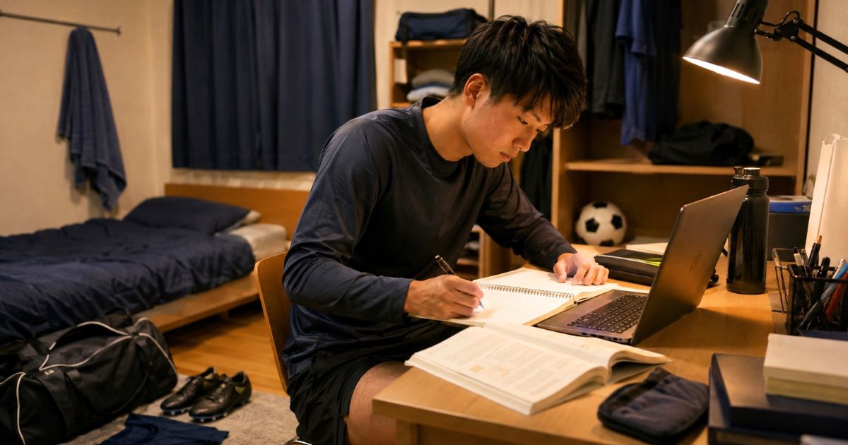 大学サッカー部の寮で、練習後に机へ向かい勉強する選手の様子
