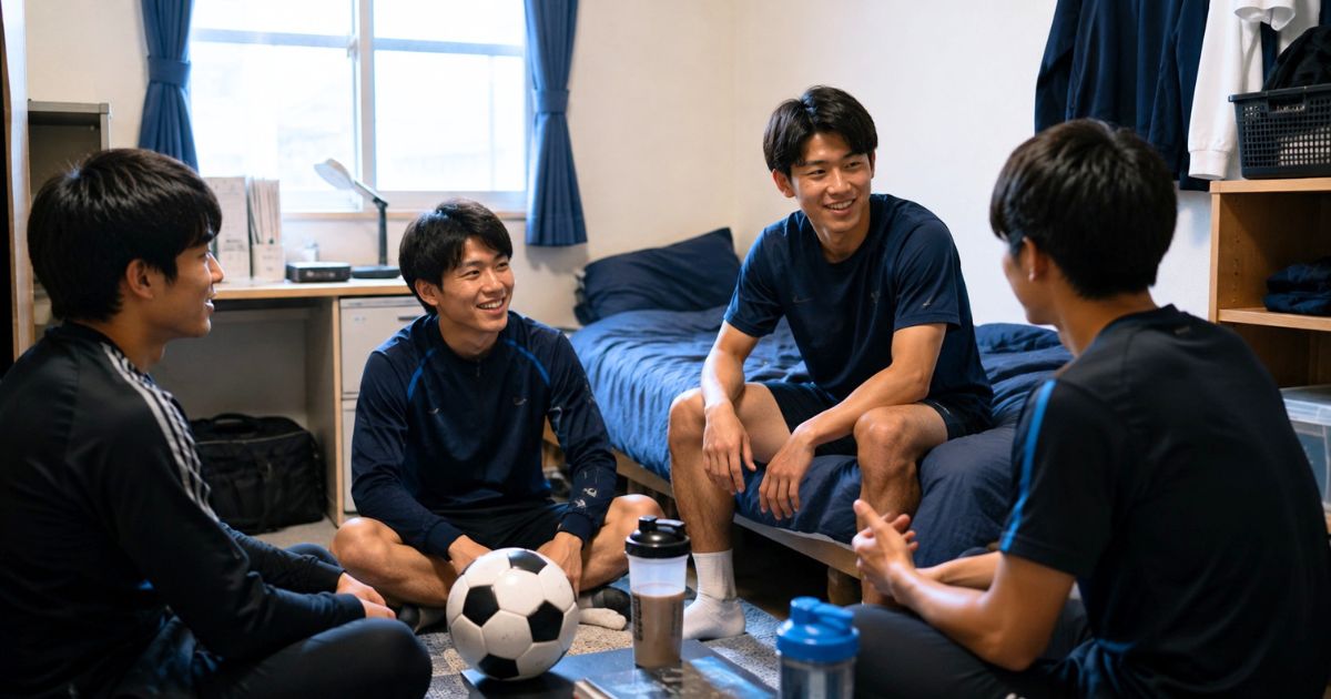 大学サッカー部の寮の部屋で、仲間とサッカーについて話す選手たちの様子