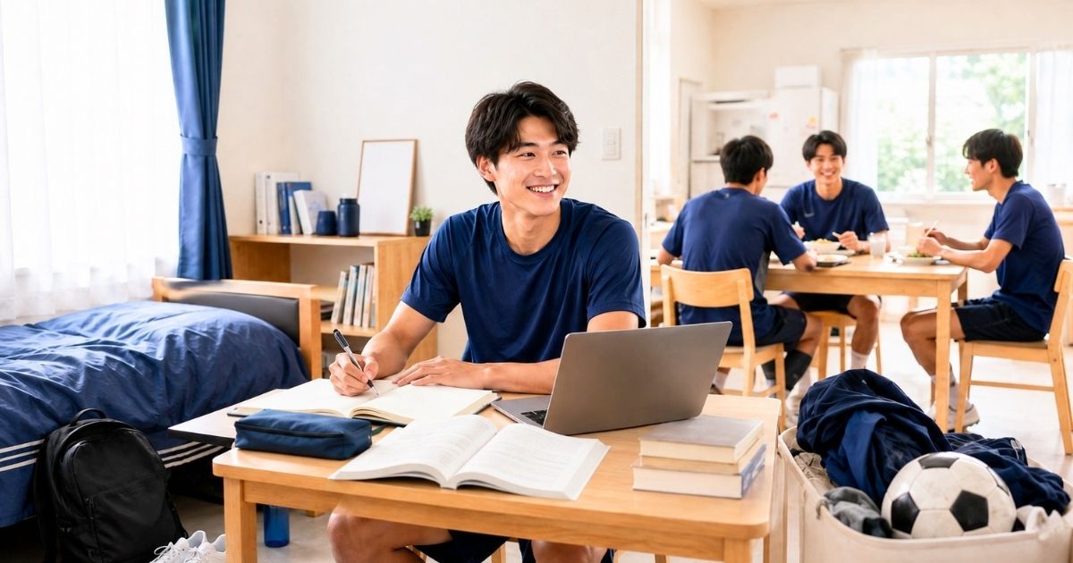 大学サッカー部の寮で、選手が勉強しながら仲間と食事や共同生活を送る様子