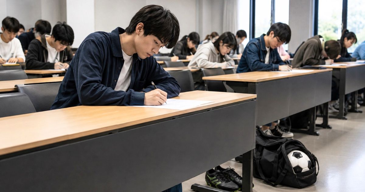 大学の講義室で一般入試を受けるサッカー部入部希望の学生