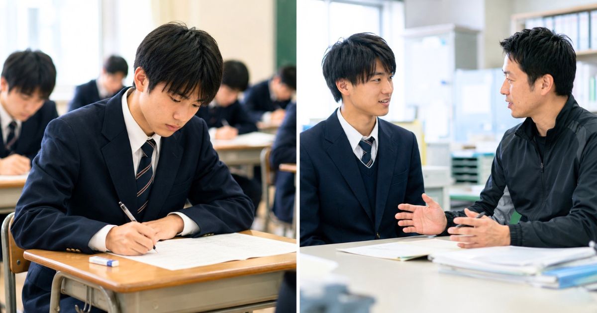 一般入試を受ける高校生と、職員室で顧問にスポーツ推薦について相談する高校生