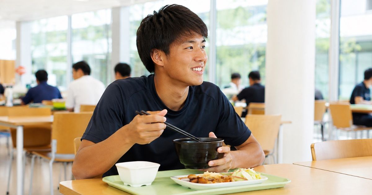 大学の学食で昼食を取る大学サッカー部員の様子