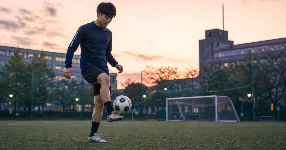 夕暮れの大学サッカーグラウンドで居残り練習としてリフティングをする男子部員