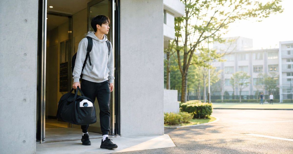 大学へ向かうため朝に寮を出る大学サッカー部員の様子