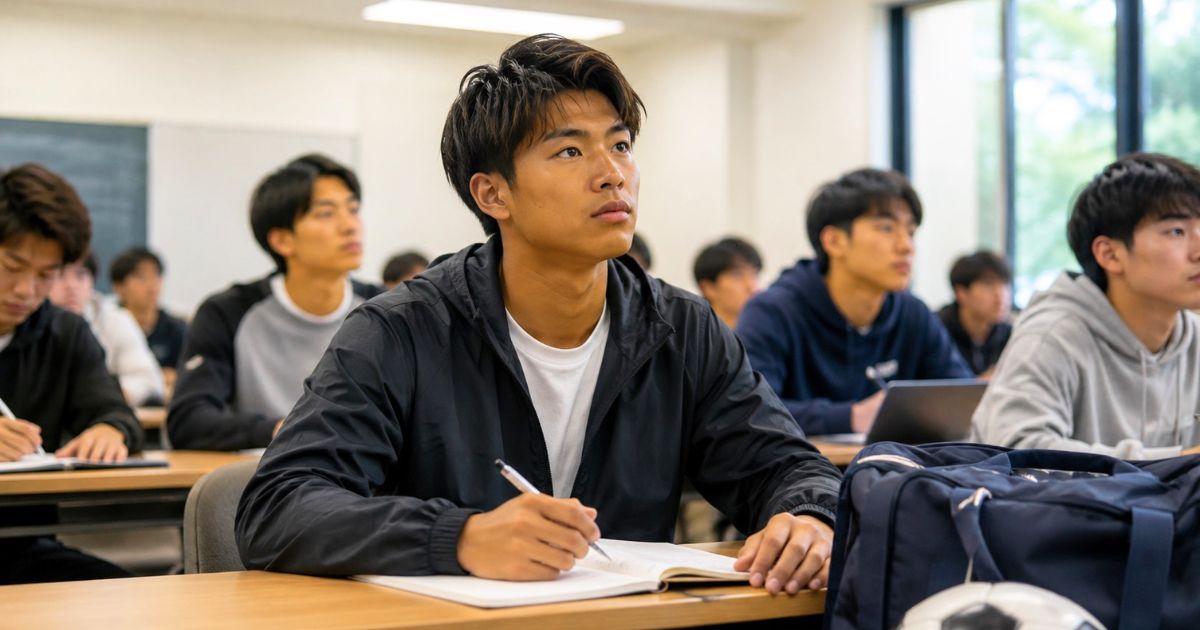学の教室で授業を受ける大学サッカー部員と机のそばに置かれたサッカーボール