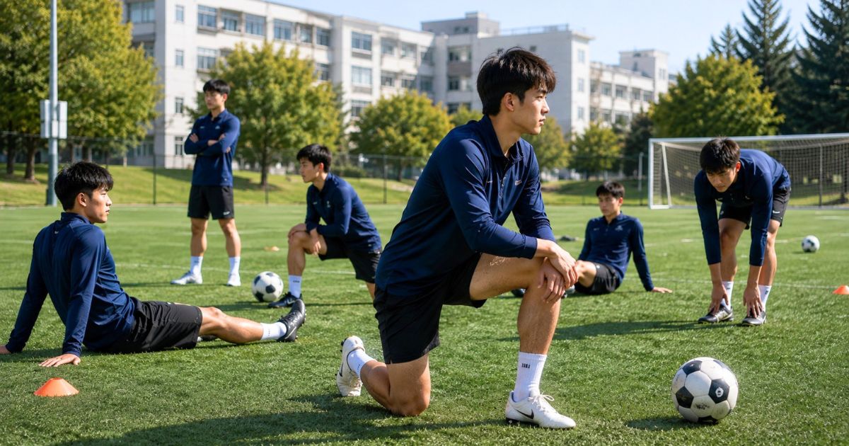 大学サッカー部のグラウンドで、練習前にリラックスしてストレッチする選手たちの様子