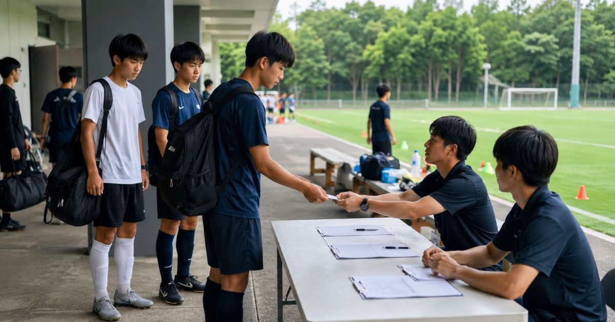 大学サッカー部のセレクション受付で、参加者がグラウンド横の受付テーブルで手続きをしている様子