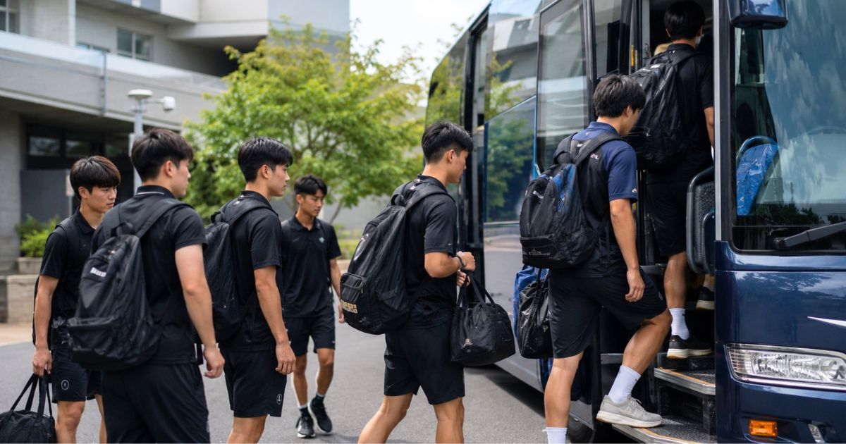 大学サッカー部の選手たちが遠征へ出発するため、荷物を持ってバスに乗り込む様子