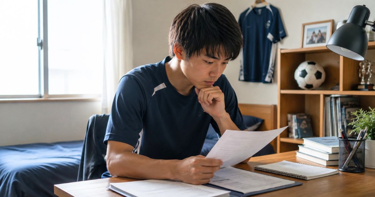 自宅の部屋で富士大学サッカー部の2027年度入部に関する資料を確認する入部希望者