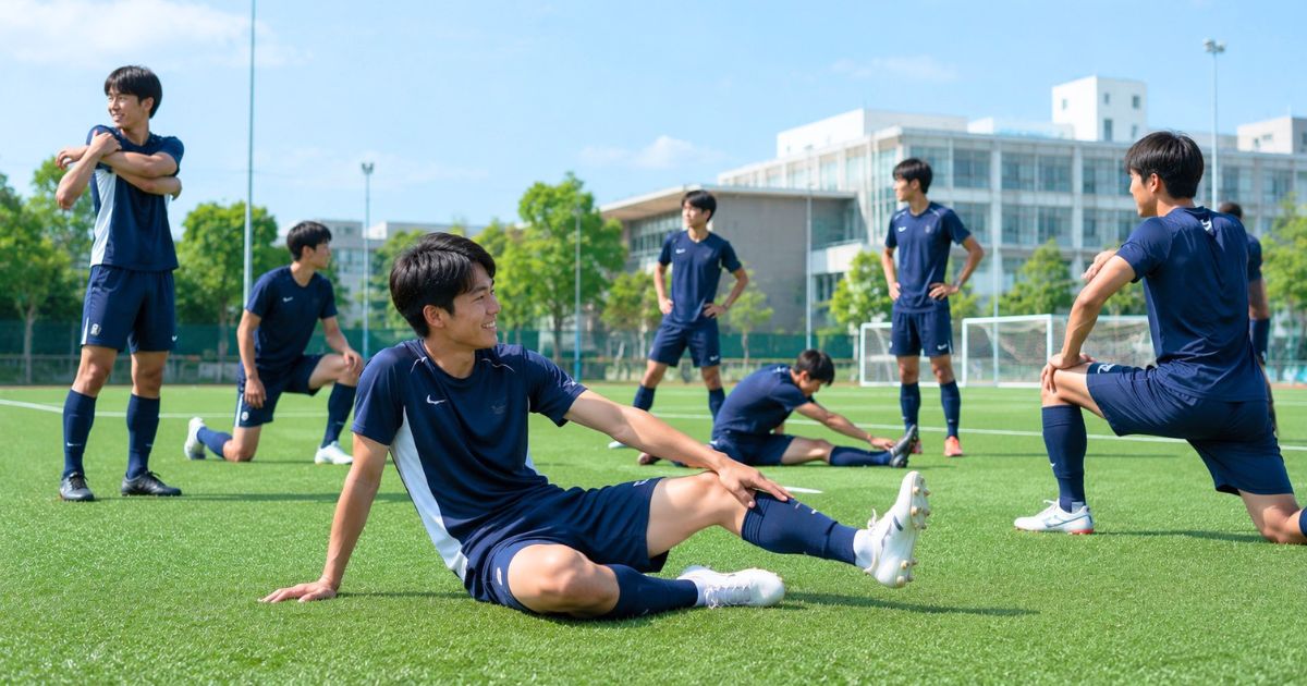 大学のサッカーグラウンドで、選手たちが練習前にリラックスしてストレッチする様子
